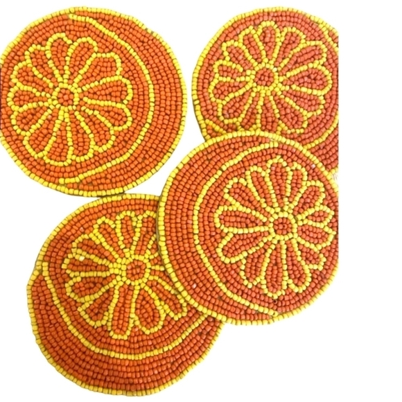 CLOUD9 DESIGN Orange Shaped Yellow Hand Beaded Glass Coasters Set of 4 - Picture 3 of 5